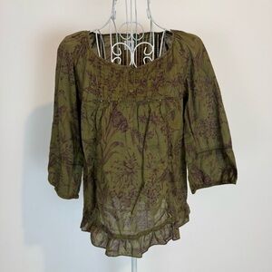 Edme & Esyllte Anthropologie Top Peasant fairycore Green Birds flower 2 romantic